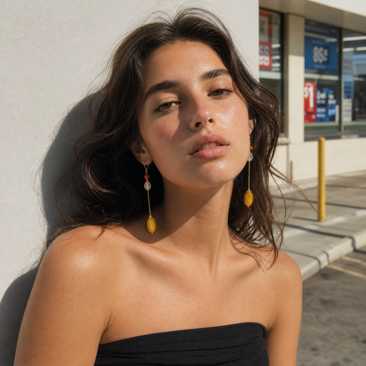 Elara Amber & Clear Quartz Chain Drop Earrings
