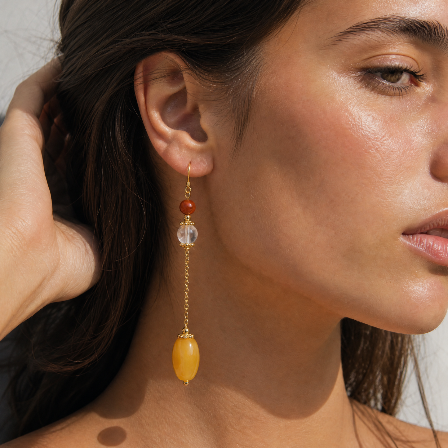 Elara Amber & Clear Quartz Chain Drop Earrings
